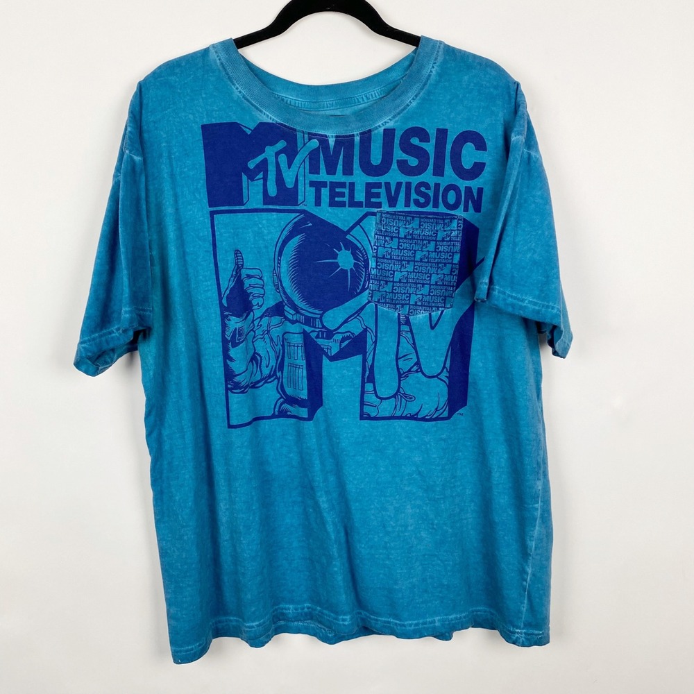 MTV Large Astronaut Logo Garment Dyed Graphic T-Shirt Mens XL Blue